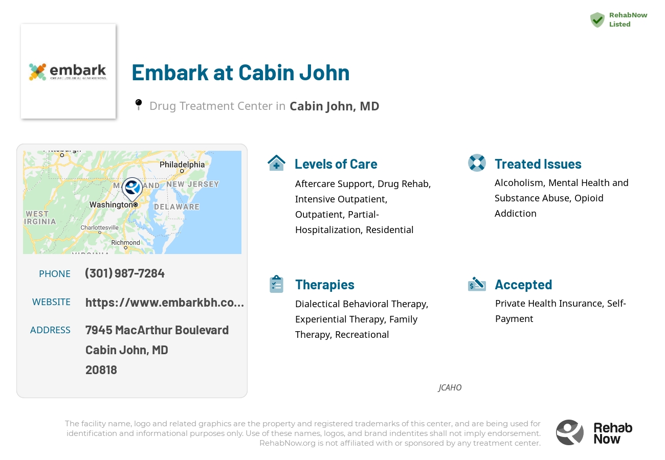 Helpful reference information for Embark at Cabin John, a drug treatment center in Maryland located at: 7945 MacArthur Boulevard, Cabin John, MD, 20818, including phone numbers, official website, and more. Listed briefly is an overview of Levels of Care, Therapies Offered, Issues Treated, and accepted forms of Payment Methods.