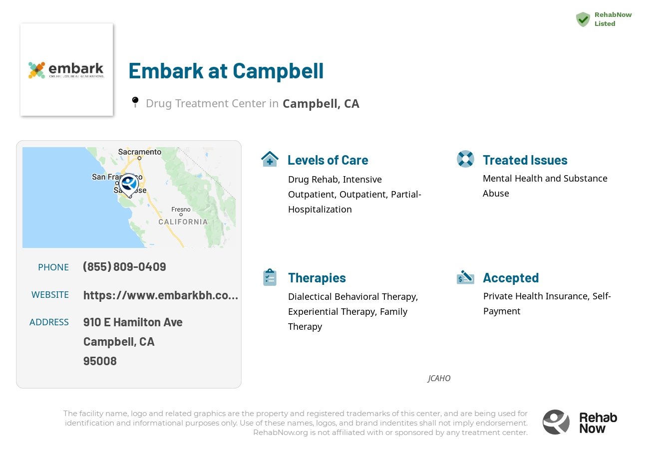 Helpful reference information for Embark at Campbell, a drug treatment center in California located at: 910 E Hamilton Ave, Campbell, CA, 95008, including phone numbers, official website, and more. Listed briefly is an overview of Levels of Care, Therapies Offered, Issues Treated, and accepted forms of Payment Methods.