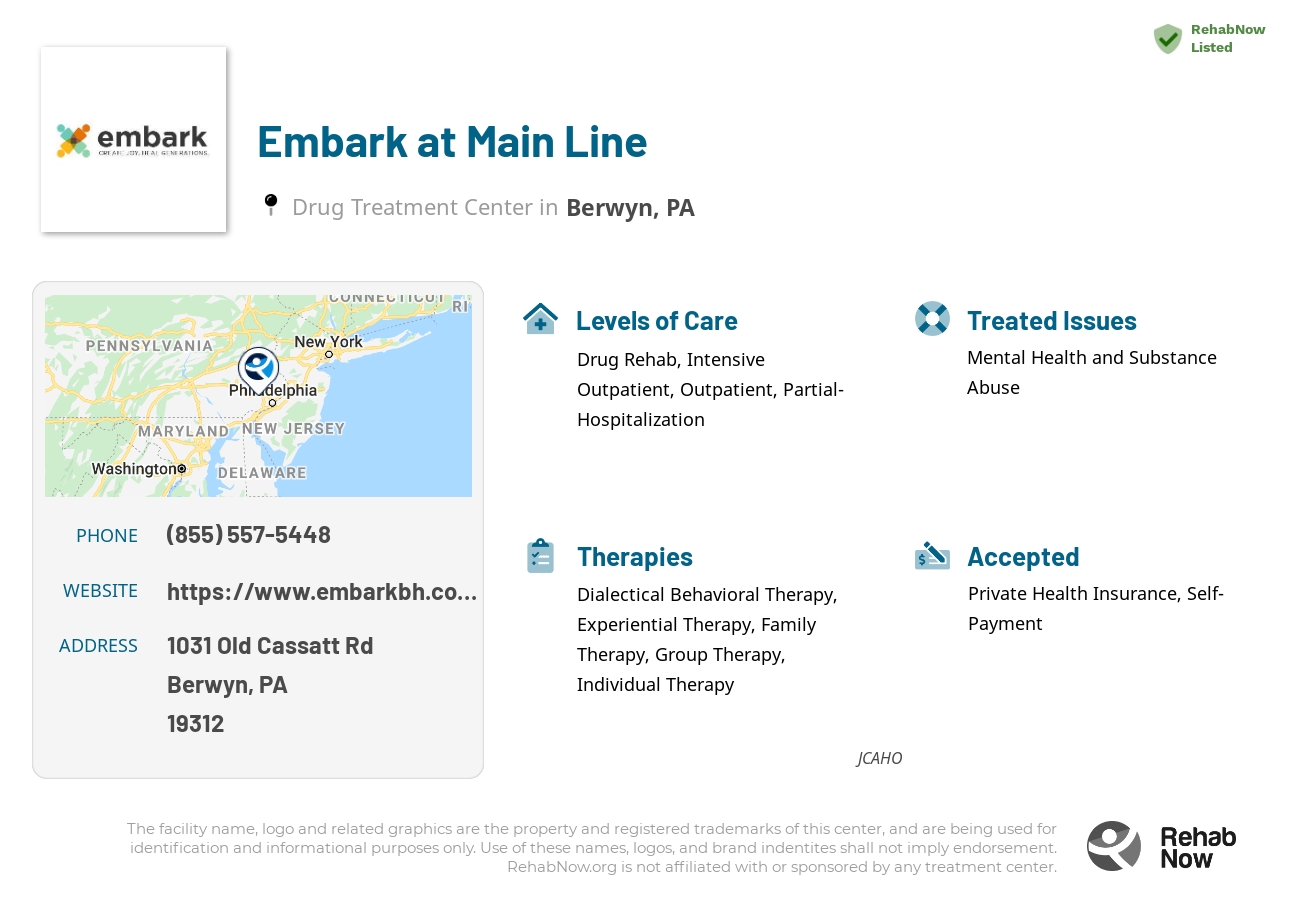 Helpful reference information for Embark at Main Line, a drug treatment center in Pennsylvania located at: 1031 Old Cassatt Rd, Berwyn, PA, 19312, including phone numbers, official website, and more. Listed briefly is an overview of Levels of Care, Therapies Offered, Issues Treated, and accepted forms of Payment Methods.