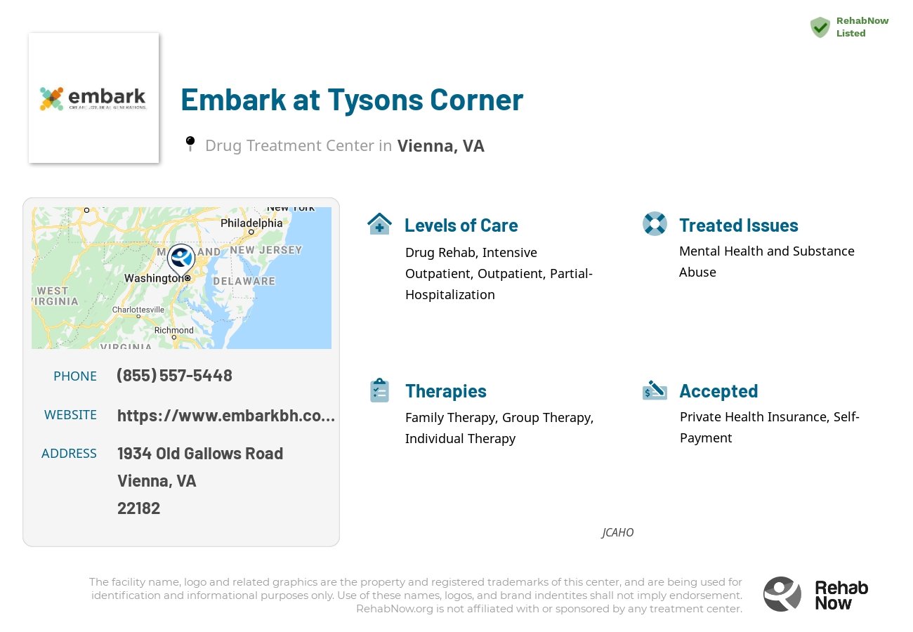 Helpful reference information for Embark at Tysons Corner, a drug treatment center in Virginia located at: 1934 Old Gallows Road, Vienna, VA, 22182, including phone numbers, official website, and more. Listed briefly is an overview of Levels of Care, Therapies Offered, Issues Treated, and accepted forms of Payment Methods.