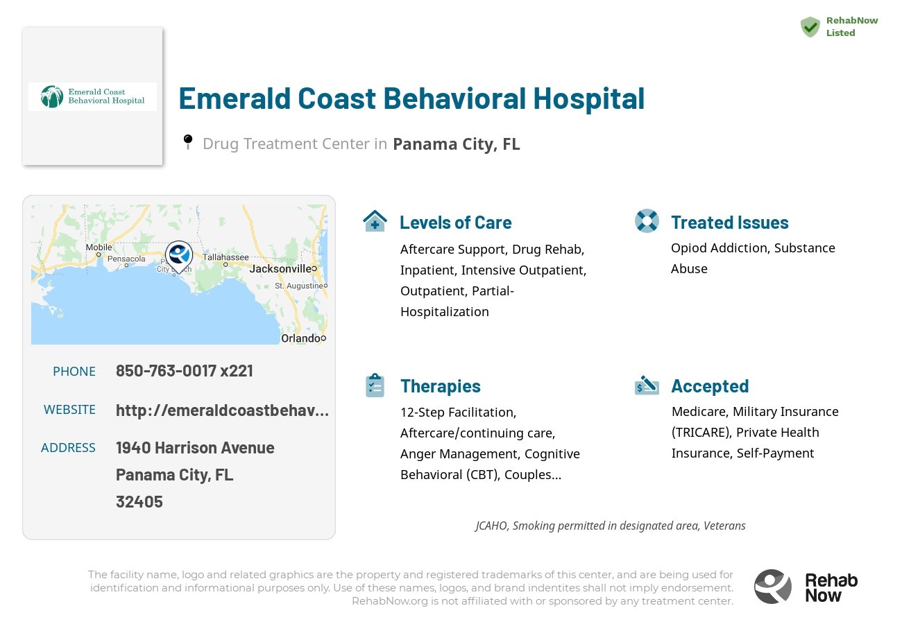 Helpful reference information for Emerald Coast Behavioral Hospital, a drug treatment center in Florida located at: 1940 Harrison Avenue, Panama City, FL 32405, including phone numbers, official website, and more. Listed briefly is an overview of Levels of Care, Therapies Offered, Issues Treated, and accepted forms of Payment Methods.