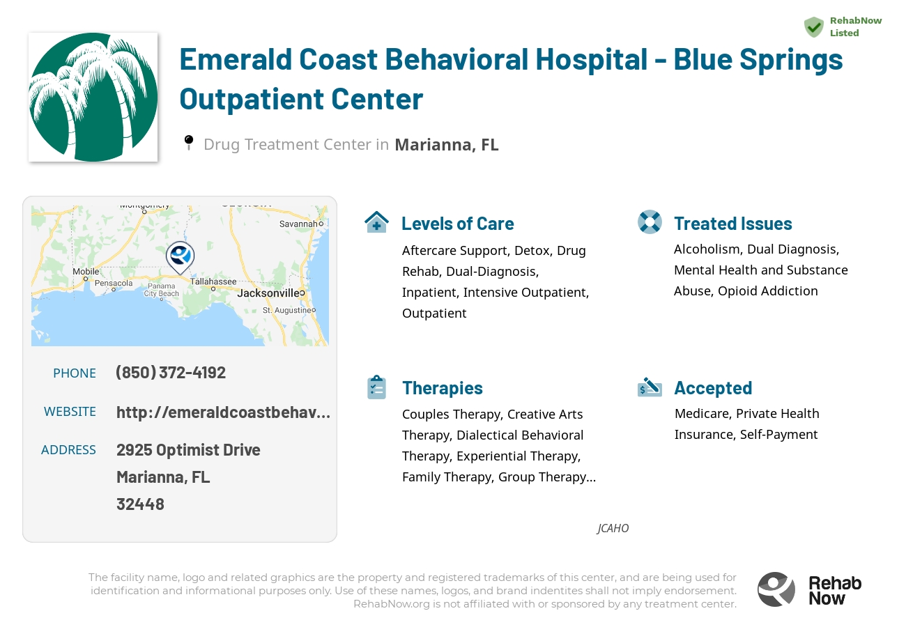 Helpful reference information for Emerald Coast Behavioral Hospital - Blue Springs Outpatient Center, a drug treatment center in Florida located at: 2925 Optimist Drive, Marianna, FL, 32448, including phone numbers, official website, and more. Listed briefly is an overview of Levels of Care, Therapies Offered, Issues Treated, and accepted forms of Payment Methods.
