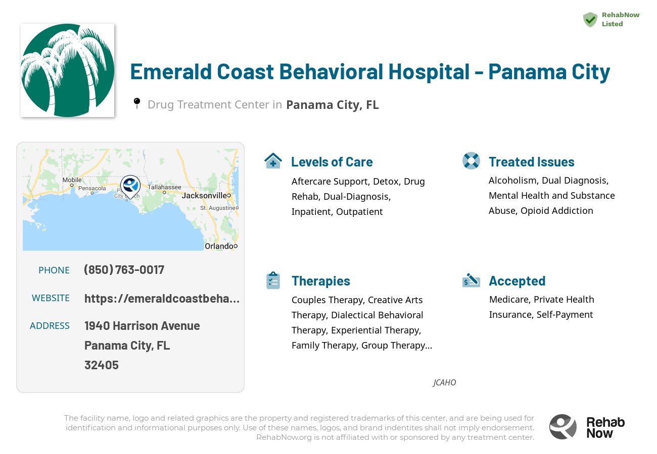 Helpful reference information for Emerald Coast Behavioral Hospital - Panama City, a drug treatment center in Florida located at: 1940 Harrison Avenue, Panama City, FL, 32405, including phone numbers, official website, and more. Listed briefly is an overview of Levels of Care, Therapies Offered, Issues Treated, and accepted forms of Payment Methods.
