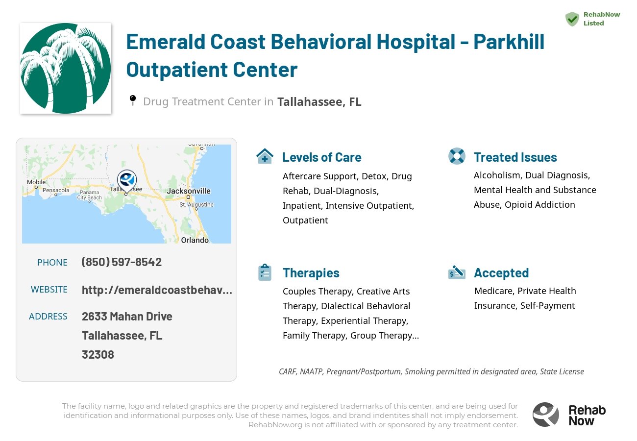 Helpful reference information for Emerald Coast Behavioral Hospital - Parkhill Outpatient Center, a drug treatment center in Florida located at: 2633 Mahan Drive, Tallahassee, FL, 32308, including phone numbers, official website, and more. Listed briefly is an overview of Levels of Care, Therapies Offered, Issues Treated, and accepted forms of Payment Methods.