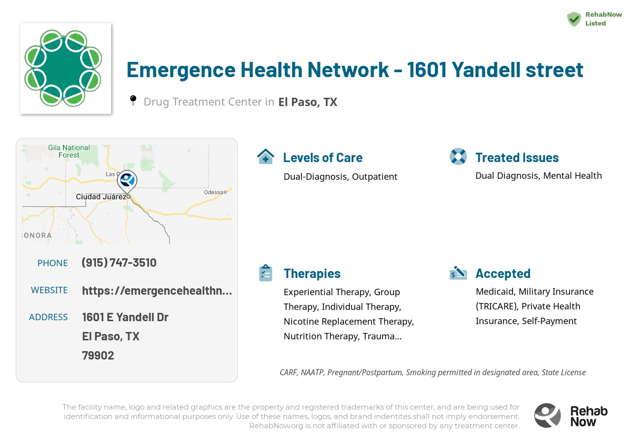 Helpful reference information for Emergence Health Network - 1601 Yandell street, a drug treatment center in Texas located at: 1601 E Yandell Dr, El Paso, TX 79902, including phone numbers, official website, and more. Listed briefly is an overview of Levels of Care, Therapies Offered, Issues Treated, and accepted forms of Payment Methods.
