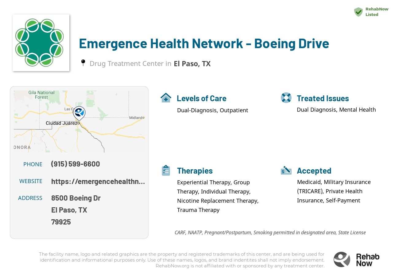 Helpful reference information for Emergence Health Network - Boeing Drive, a drug treatment center in Texas located at: 8500 Boeing Dr, El Paso, TX 79925, including phone numbers, official website, and more. Listed briefly is an overview of Levels of Care, Therapies Offered, Issues Treated, and accepted forms of Payment Methods.