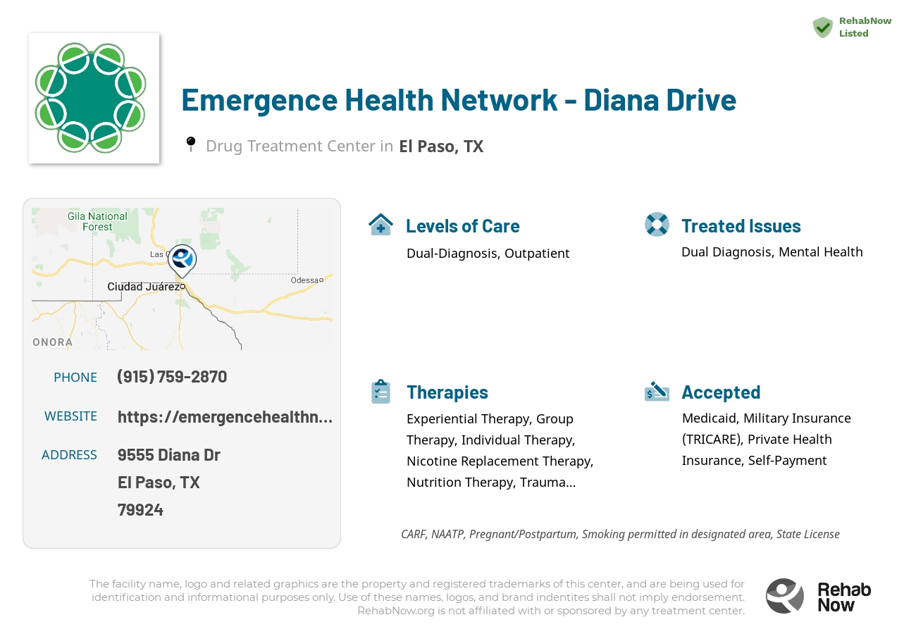 Helpful reference information for Emergence Health Network - Diana Drive, a drug treatment center in Texas located at: 9555 Diana Dr, El Paso, TX 79924, including phone numbers, official website, and more. Listed briefly is an overview of Levels of Care, Therapies Offered, Issues Treated, and accepted forms of Payment Methods.