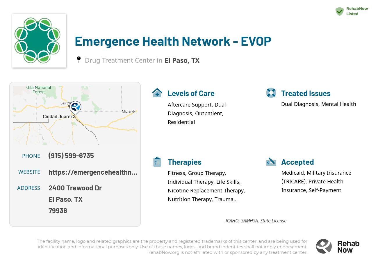 Helpful reference information for Emergence Health Network - EVOP, a drug treatment center in Texas located at: 2400 Trawood Dr, El Paso, TX 79936, including phone numbers, official website, and more. Listed briefly is an overview of Levels of Care, Therapies Offered, Issues Treated, and accepted forms of Payment Methods.