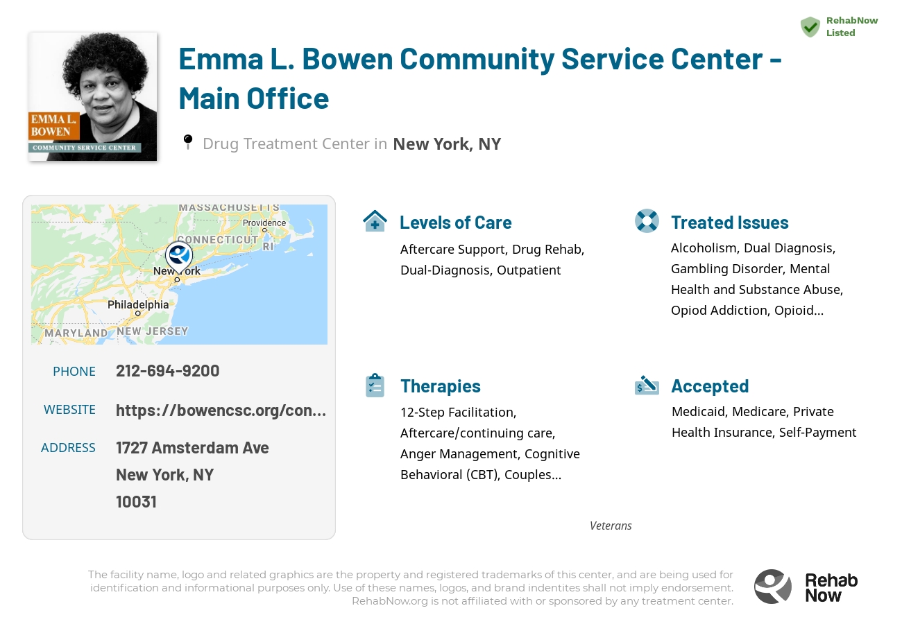 Helpful reference information for Emma L. Bowen Community Service Center - Main Office, a drug treatment center in New York located at: 1727 Amsterdam Ave, New York, NY 10031, including phone numbers, official website, and more. Listed briefly is an overview of Levels of Care, Therapies Offered, Issues Treated, and accepted forms of Payment Methods.