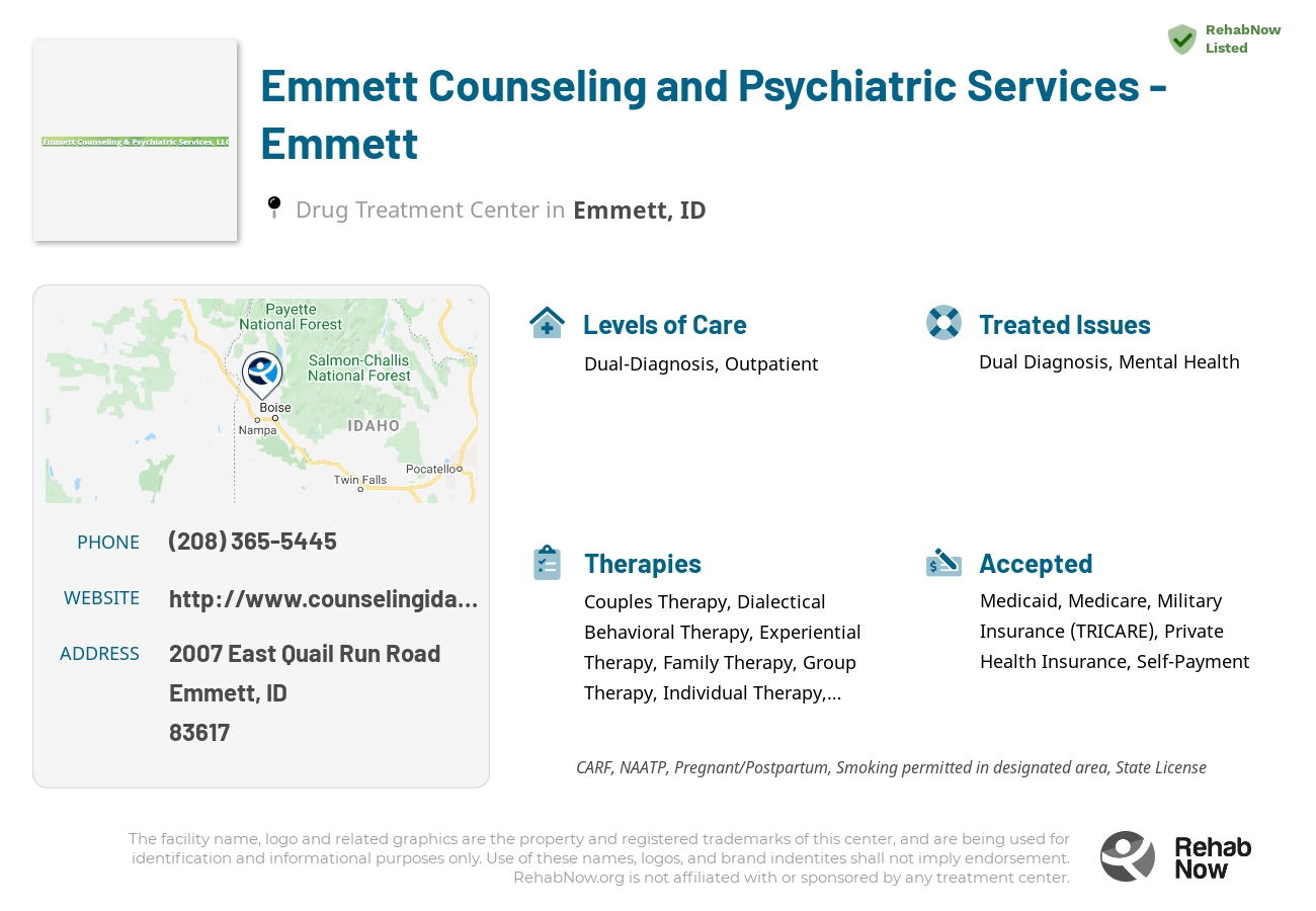 Helpful reference information for Emmett Counseling and Psychiatric Services - Emmett, a drug treatment center in Idaho located at: 2007 East Quail Run Road, Emmett, ID 83617, including phone numbers, official website, and more. Listed briefly is an overview of Levels of Care, Therapies Offered, Issues Treated, and accepted forms of Payment Methods.