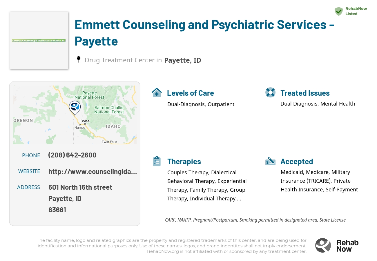 Helpful reference information for Emmett Counseling and Psychiatric Services - Payette, a drug treatment center in Idaho located at: 501 501 North 16th street, Payette, ID 83661, including phone numbers, official website, and more. Listed briefly is an overview of Levels of Care, Therapies Offered, Issues Treated, and accepted forms of Payment Methods.