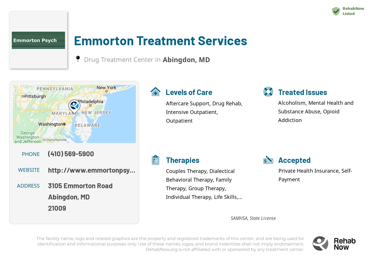 Helpful reference information for Emmorton Treatment Services, a drug treatment center in Maryland located at: 3105 Emmorton Road, Abingdon, MD, 21009, including phone numbers, official website, and more. Listed briefly is an overview of Levels of Care, Therapies Offered, Issues Treated, and accepted forms of Payment Methods.