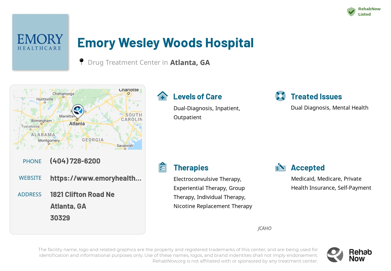 Helpful reference information for Emory Wesley Woods Hospital, a drug treatment center in Georgia located at: 1821 1821 Clifton Road Ne, Atlanta, GA 30329, including phone numbers, official website, and more. Listed briefly is an overview of Levels of Care, Therapies Offered, Issues Treated, and accepted forms of Payment Methods.