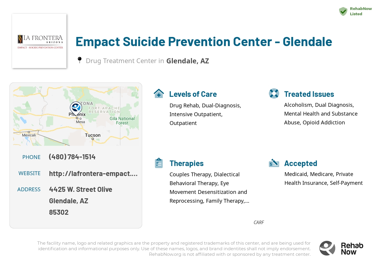 Helpful reference information for Empact Suicide Prevention Center - Glendale, a drug treatment center in Arizona located at: 4425 W. Street Olive, Glendale, AZ, 85302, including phone numbers, official website, and more. Listed briefly is an overview of Levels of Care, Therapies Offered, Issues Treated, and accepted forms of Payment Methods.