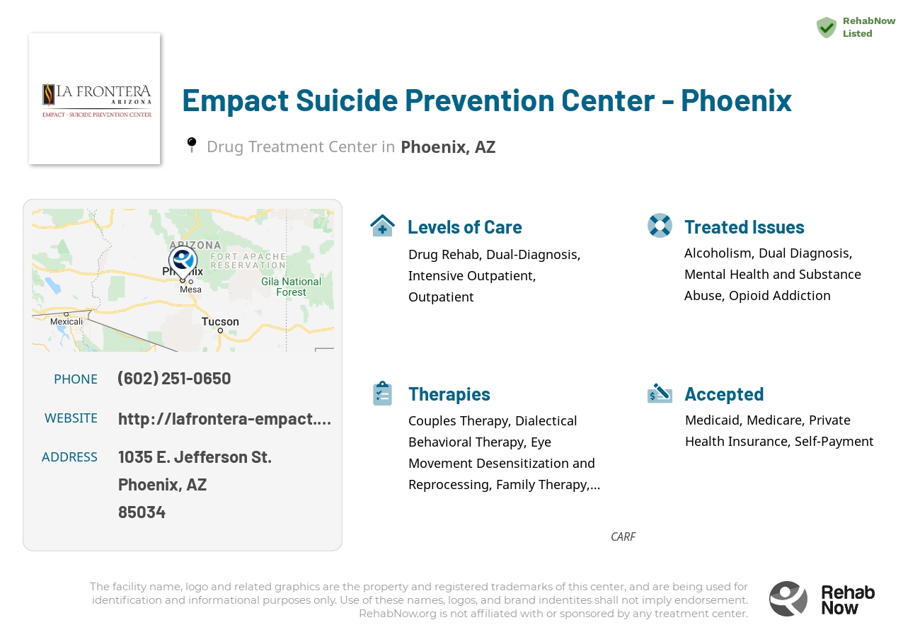 Helpful reference information for Empact Suicide Prevention Center - Phoenix, a drug treatment center in Arizona located at: 1035 E. Jefferson St., Phoenix, AZ, 85034, including phone numbers, official website, and more. Listed briefly is an overview of Levels of Care, Therapies Offered, Issues Treated, and accepted forms of Payment Methods.