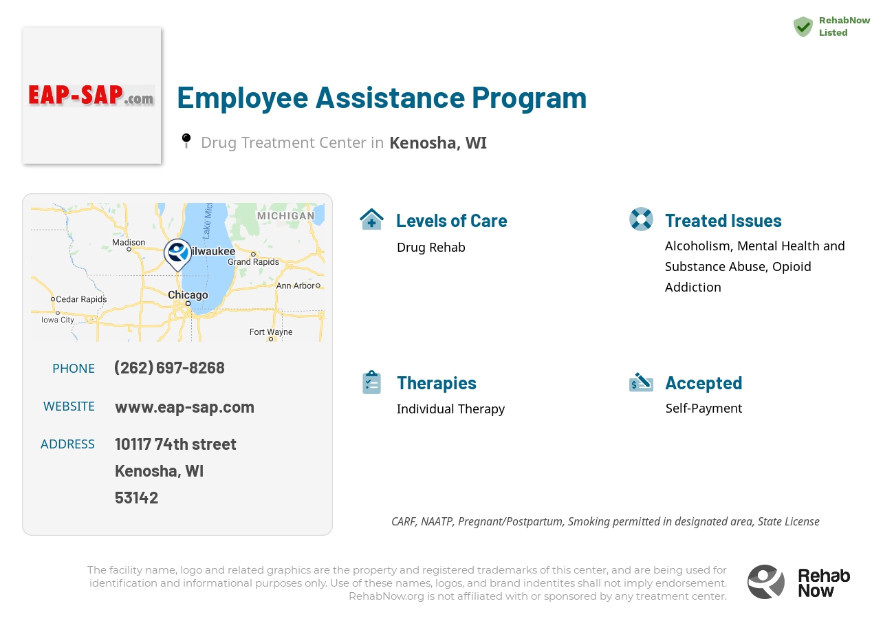 Helpful reference information for Employee Assistance Program, a drug treatment center in Wisconsin located at: 10117 74th street, Kenosha, WI, 53142, including phone numbers, official website, and more. Listed briefly is an overview of Levels of Care, Therapies Offered, Issues Treated, and accepted forms of Payment Methods.