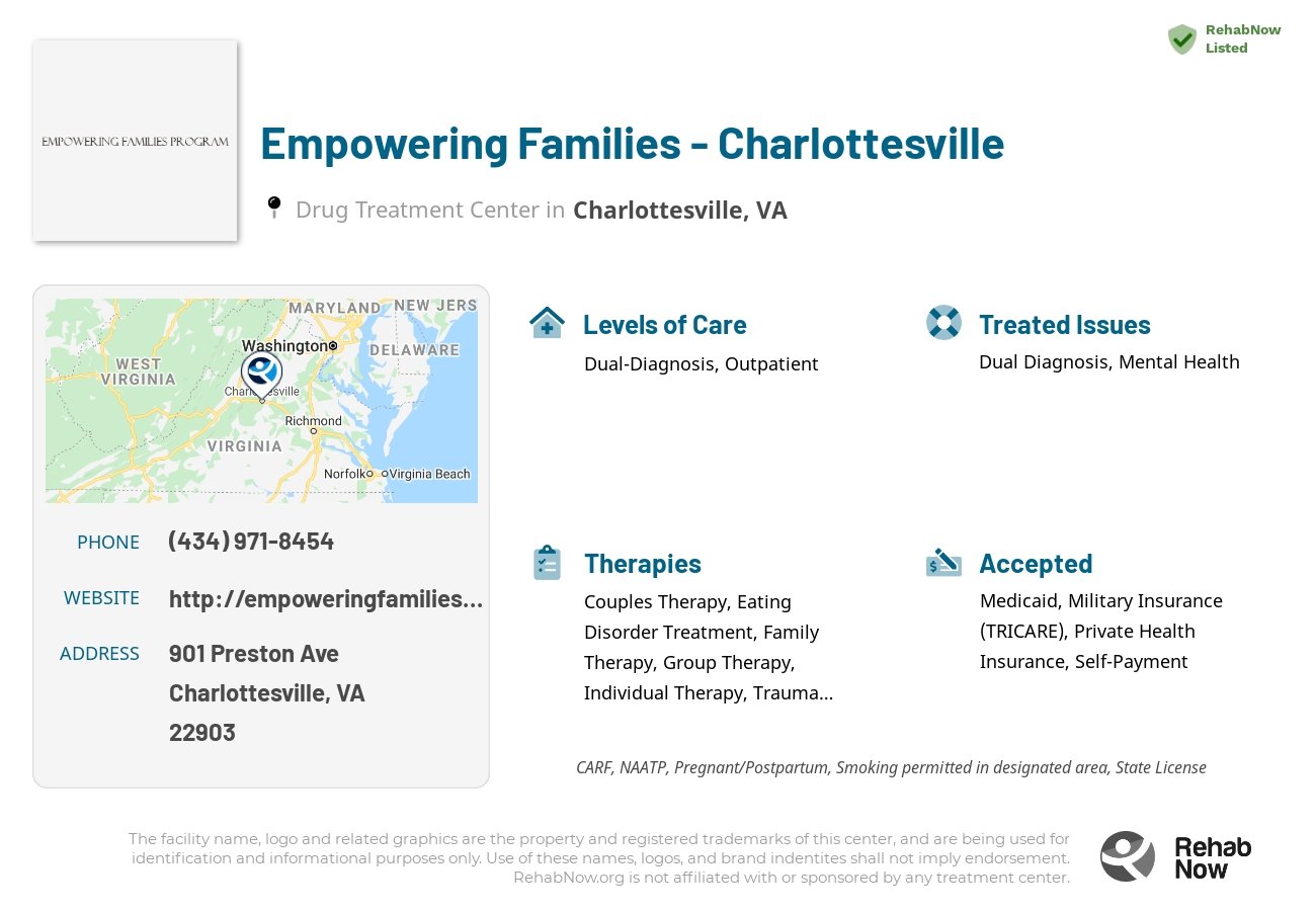 Helpful reference information for Empowering Families - Charlottesville, a drug treatment center in Virginia located at: 901 Preston Ave, Charlottesville, VA 22903, including phone numbers, official website, and more. Listed briefly is an overview of Levels of Care, Therapies Offered, Issues Treated, and accepted forms of Payment Methods.