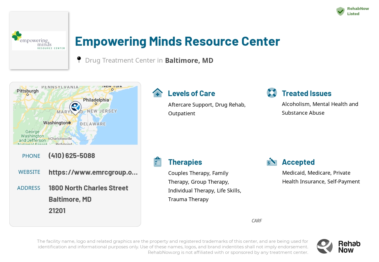 Helpful reference information for Empowering Minds Resource Center, a drug treatment center in Maryland located at: 1800 North Charles Street, Baltimore, MD, 21201, including phone numbers, official website, and more. Listed briefly is an overview of Levels of Care, Therapies Offered, Issues Treated, and accepted forms of Payment Methods.