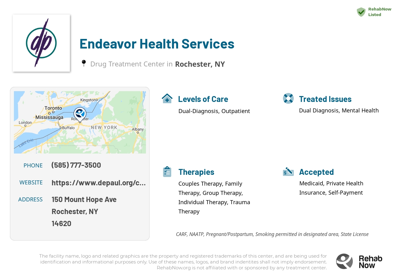 Helpful reference information for Endeavor Health Services, a drug treatment center in New York located at: 150 Mount Hope Ave, Rochester, NY 14620, including phone numbers, official website, and more. Listed briefly is an overview of Levels of Care, Therapies Offered, Issues Treated, and accepted forms of Payment Methods.