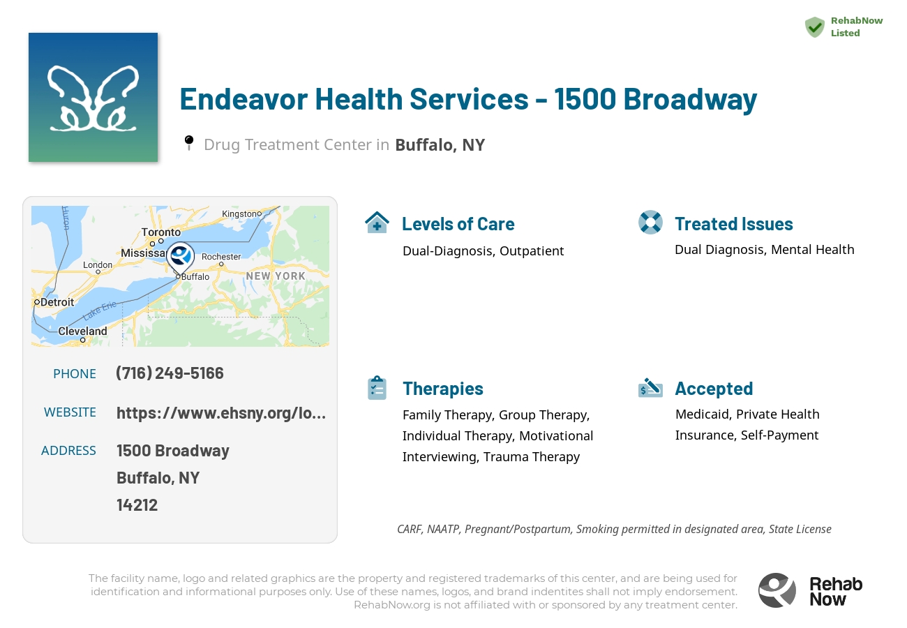 Helpful reference information for Endeavor Health Services - 1500 Broadway, a drug treatment center in New York located at: 1500 Broadway, Buffalo, NY 14212, including phone numbers, official website, and more. Listed briefly is an overview of Levels of Care, Therapies Offered, Issues Treated, and accepted forms of Payment Methods.