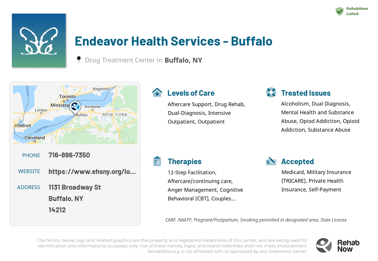 Helpful reference information for Endeavor Health Services - Buffalo, a drug treatment center in New York located at: 1131 Broadway St, Buffalo, NY 14212, including phone numbers, official website, and more. Listed briefly is an overview of Levels of Care, Therapies Offered, Issues Treated, and accepted forms of Payment Methods.