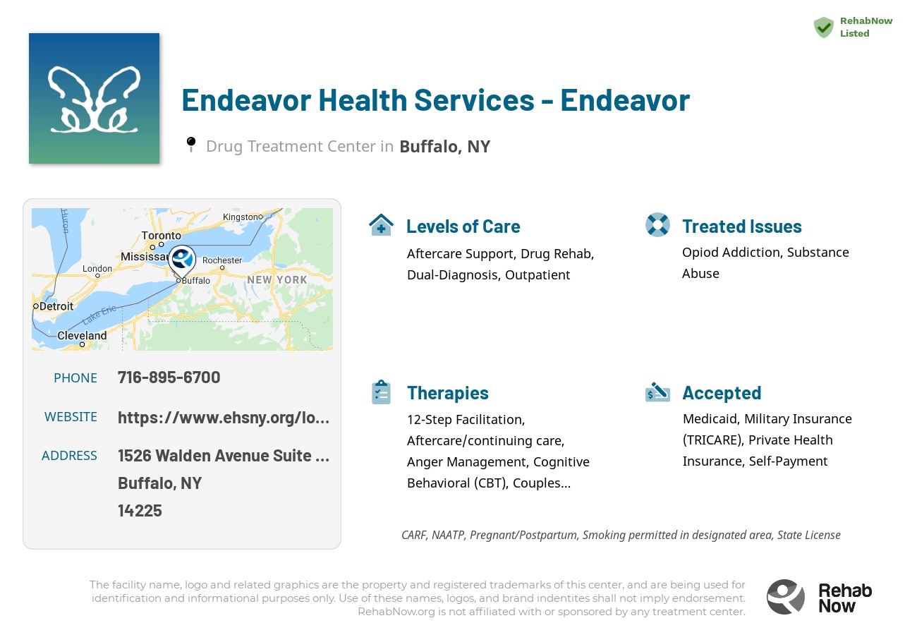 Helpful reference information for Endeavor Health Services - Endeavor, a drug treatment center in New York located at: 1526 Walden Avenue Suite 400, Buffalo, NY 14225, including phone numbers, official website, and more. Listed briefly is an overview of Levels of Care, Therapies Offered, Issues Treated, and accepted forms of Payment Methods.