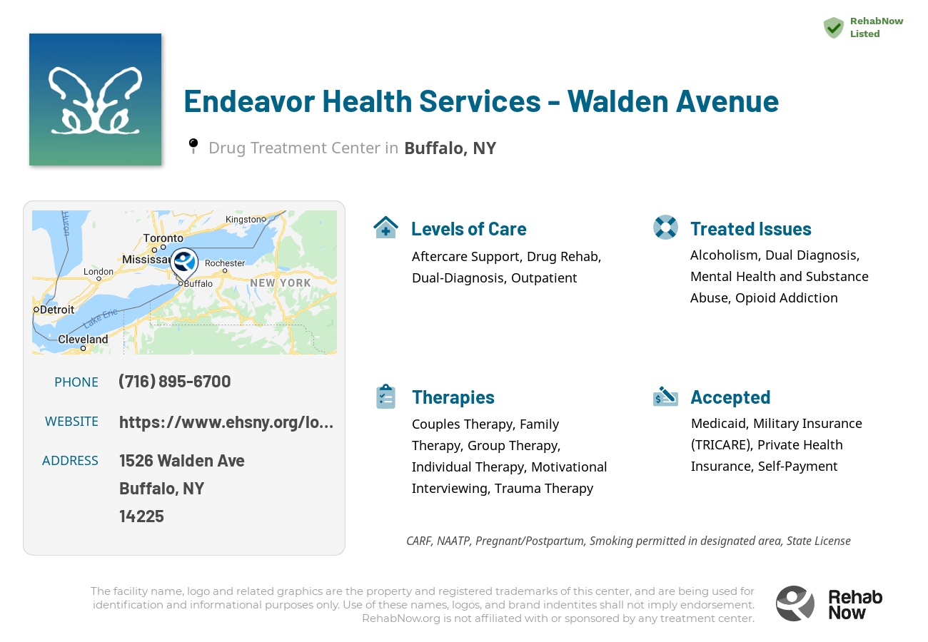 Helpful reference information for Endeavor Health Services - Walden Avenue, a drug treatment center in New York located at: 1526 Walden Ave, Buffalo, NY 14225, including phone numbers, official website, and more. Listed briefly is an overview of Levels of Care, Therapies Offered, Issues Treated, and accepted forms of Payment Methods.