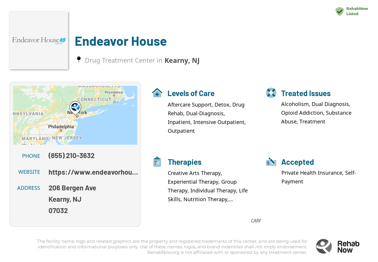 Helpful reference information for Endeavor House, a drug treatment center in New Jersey located at: 206 Bergen Ave, Kearny, NJ 07032, including phone numbers, official website, and more. Listed briefly is an overview of Levels of Care, Therapies Offered, Issues Treated, and accepted forms of Payment Methods.