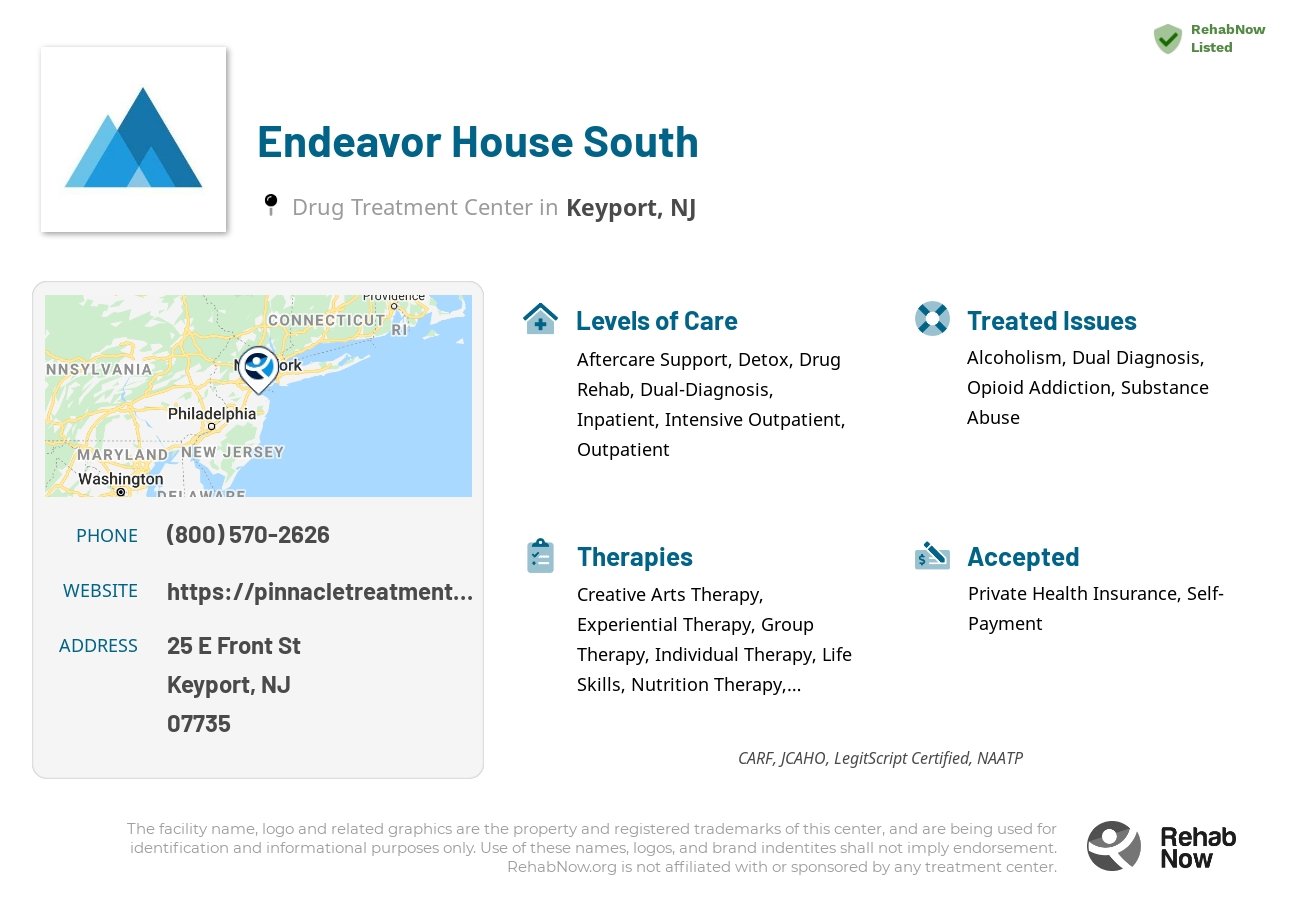Helpful reference information for Endeavor House South, a drug treatment center in New Jersey located at: 25 E Front St, Keyport, NJ 07735, including phone numbers, official website, and more. Listed briefly is an overview of Levels of Care, Therapies Offered, Issues Treated, and accepted forms of Payment Methods.