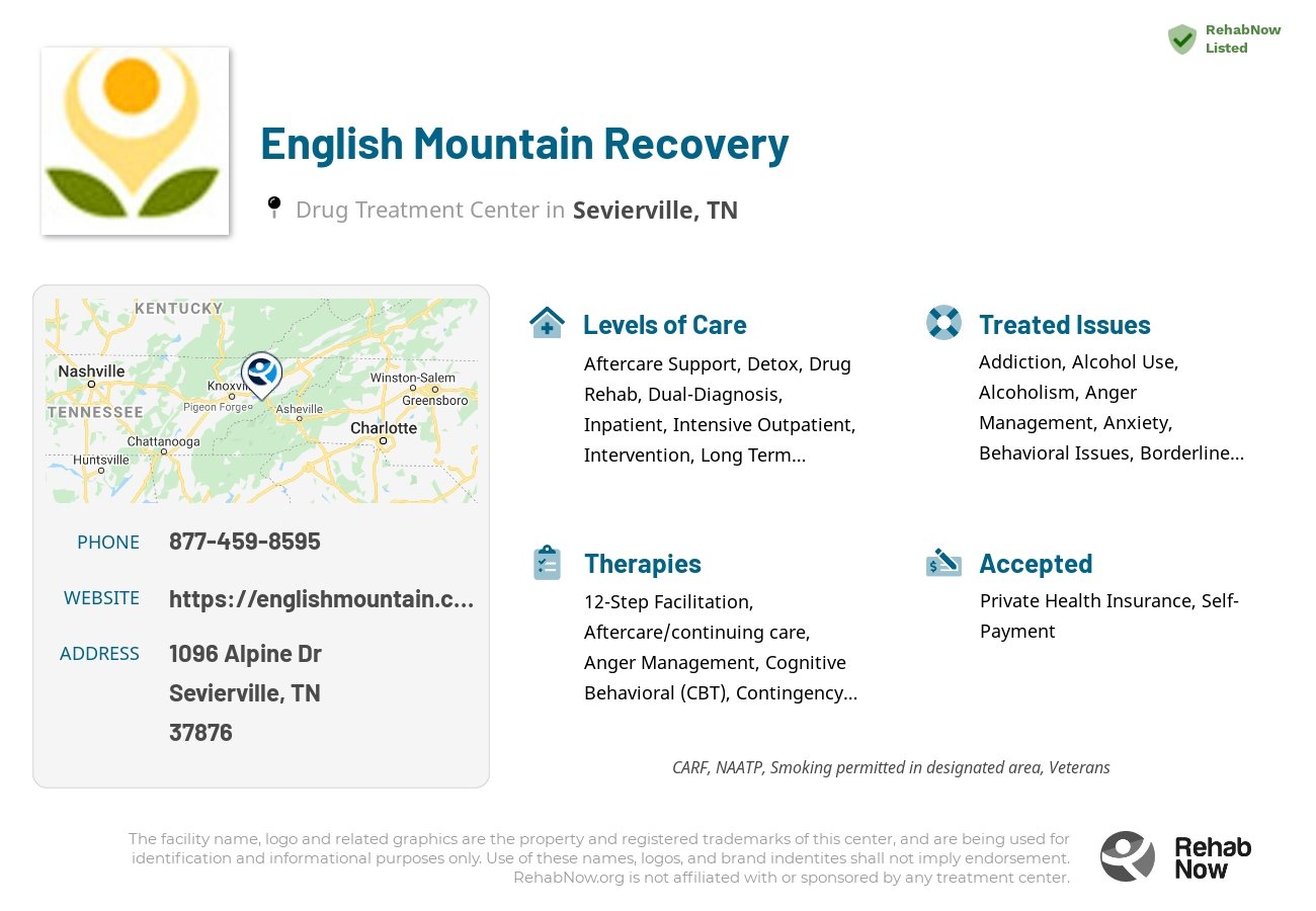 Helpful reference information for English Mountain Recovery, a drug treatment center in Tennessee located at: 1096 Alpine Dr, Sevierville, TN 37876, including phone numbers, official website, and more. Listed briefly is an overview of Levels of Care, Therapies Offered, Issues Treated, and accepted forms of Payment Methods.