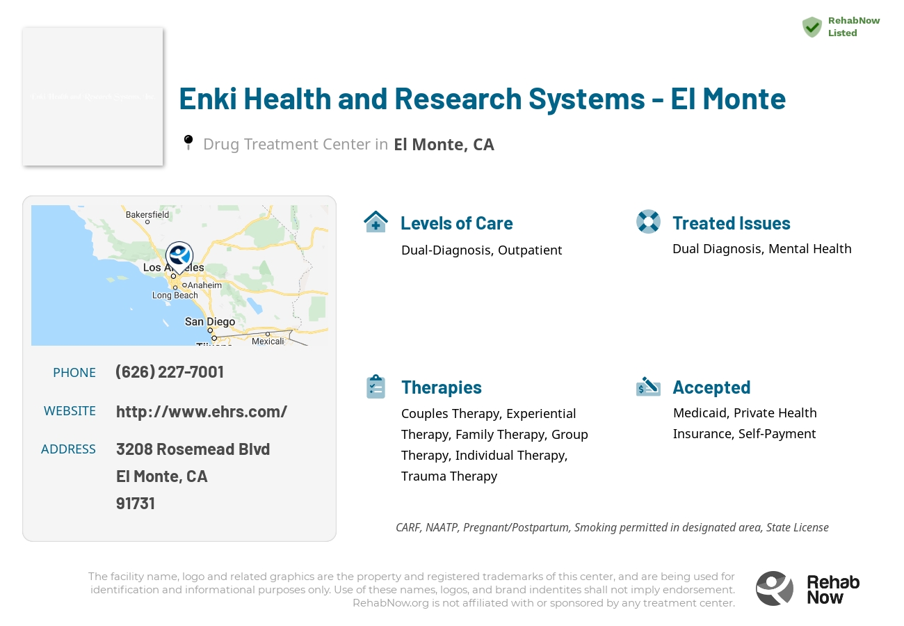 Helpful reference information for Enki Health and Research Systems - El Monte, a drug treatment center in California located at: 3208 Rosemead Blvd, El Monte, CA 91731, including phone numbers, official website, and more. Listed briefly is an overview of Levels of Care, Therapies Offered, Issues Treated, and accepted forms of Payment Methods.