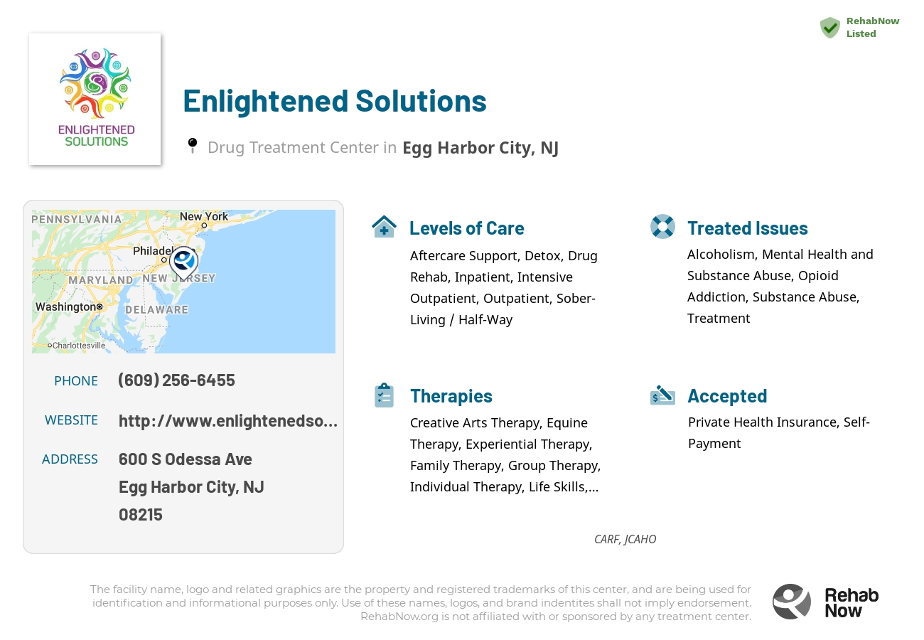 Helpful reference information for Enlightened Solutions, a drug treatment center in New Jersey located at: 600 S Odessa Ave, Egg Harbor City, NJ 08215, including phone numbers, official website, and more. Listed briefly is an overview of Levels of Care, Therapies Offered, Issues Treated, and accepted forms of Payment Methods.
