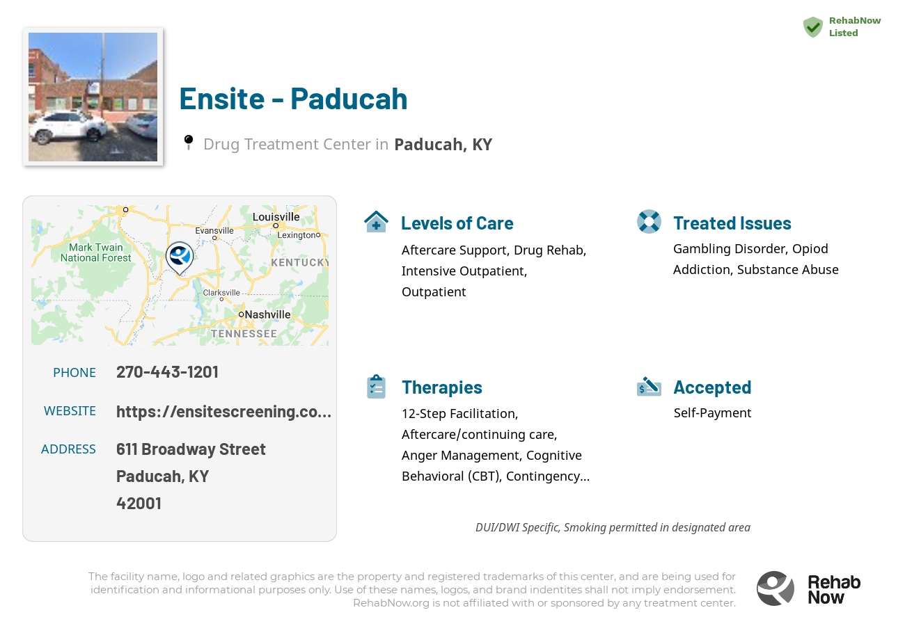 Helpful reference information for Ensite - Paducah, a drug treatment center in Kentucky located at: 611 Broadway Street, Paducah, KY 42001, including phone numbers, official website, and more. Listed briefly is an overview of Levels of Care, Therapies Offered, Issues Treated, and accepted forms of Payment Methods.
