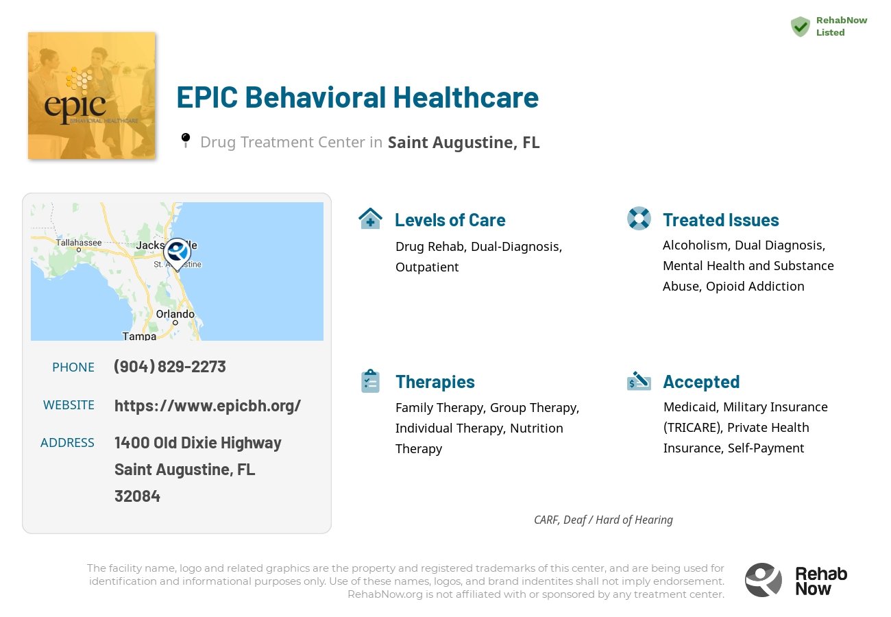 Helpful reference information for EPIC Behavioral Healthcare, a drug treatment center in Florida located at: 1400 Old Dixie Highway, Saint Augustine, FL, 32084, including phone numbers, official website, and more. Listed briefly is an overview of Levels of Care, Therapies Offered, Issues Treated, and accepted forms of Payment Methods.