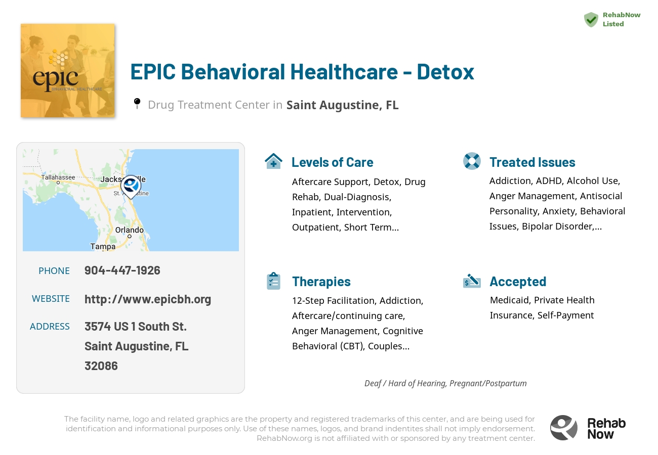 Helpful reference information for EPIC Behavioral Healthcare - Detox, a drug treatment center in Florida located at: 3574 US 1 South St., Saint Augustine, FL 32086, including phone numbers, official website, and more. Listed briefly is an overview of Levels of Care, Therapies Offered, Issues Treated, and accepted forms of Payment Methods.