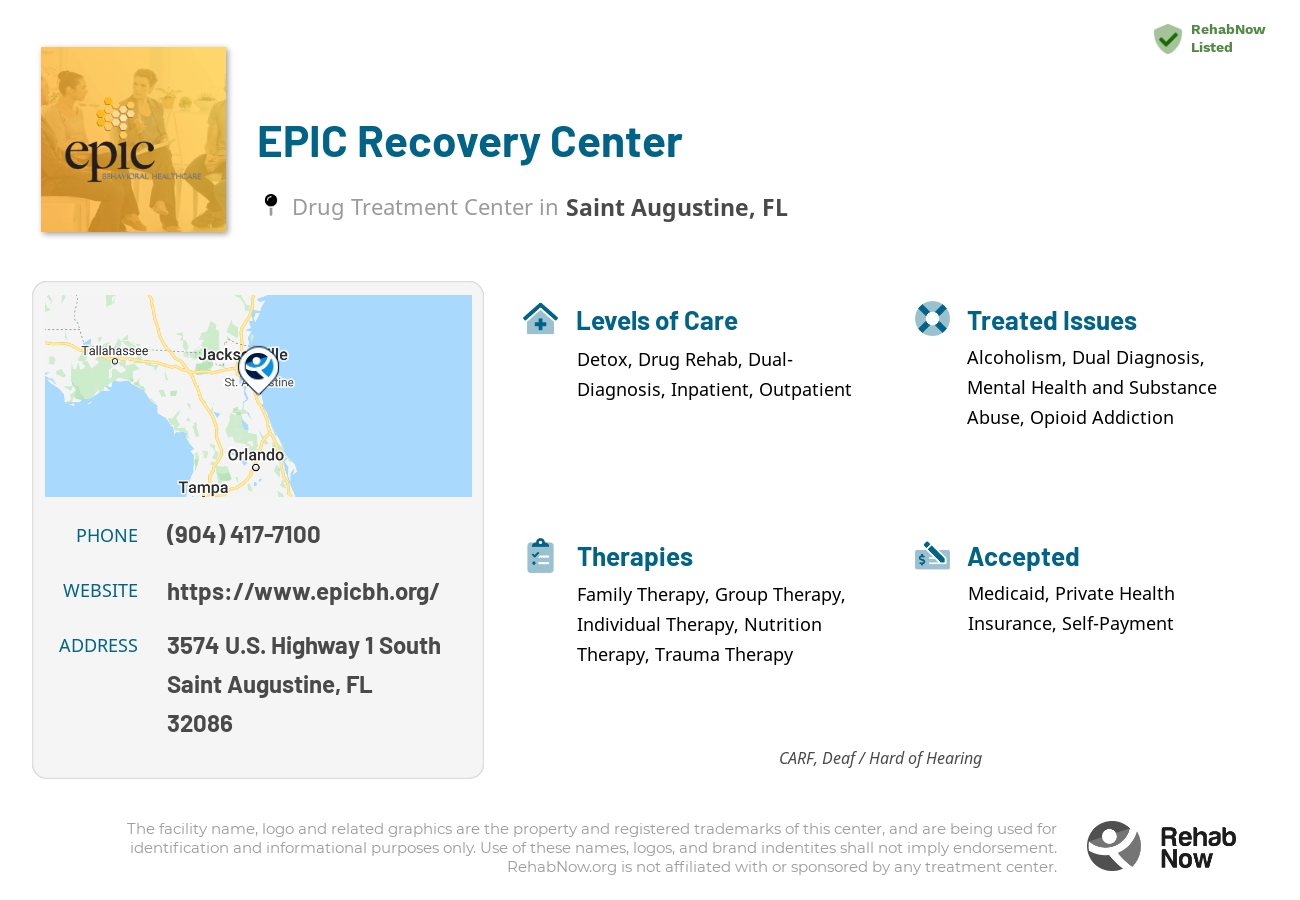 Helpful reference information for EPIC Recovery Center, a drug treatment center in Florida located at: 3574 U.S. Highway 1 South, Saint Augustine, FL, 32086, including phone numbers, official website, and more. Listed briefly is an overview of Levels of Care, Therapies Offered, Issues Treated, and accepted forms of Payment Methods.