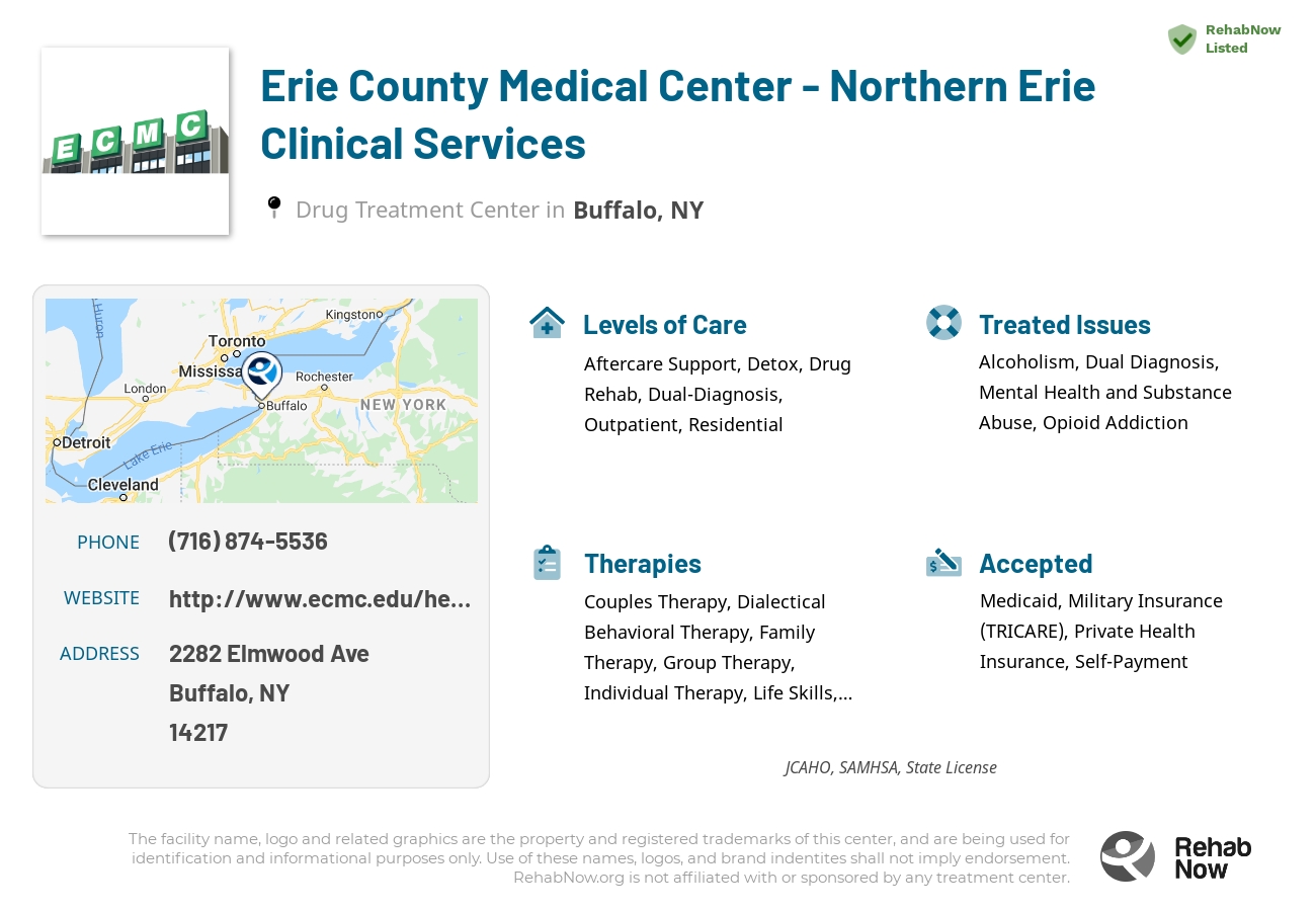 Helpful reference information for Erie County Medical Center - Northern Erie Clinical Services, a drug treatment center in New York located at: 2282 Elmwood Ave, Buffalo, NY 14217, including phone numbers, official website, and more. Listed briefly is an overview of Levels of Care, Therapies Offered, Issues Treated, and accepted forms of Payment Methods.