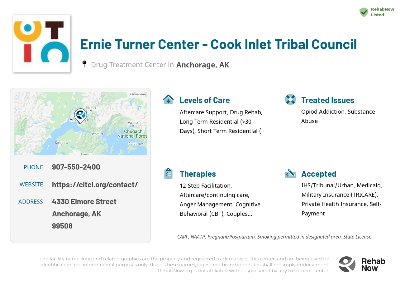 Helpful reference information for Ernie Turner Center - Cook Inlet Tribal Council, a drug treatment center in Alaska located at: 4330 Elmore Street, Anchorage, AK 99508, including phone numbers, official website, and more. Listed briefly is an overview of Levels of Care, Therapies Offered, Issues Treated, and accepted forms of Payment Methods.