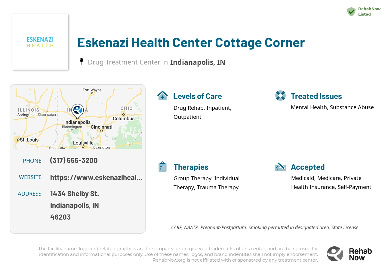 Helpful reference information for Eskenazi Health Center Cottage Corner, a drug treatment center in Indiana located at: 1434 Shelby St., Indianapolis, IN, 46203, including phone numbers, official website, and more. Listed briefly is an overview of Levels of Care, Therapies Offered, Issues Treated, and accepted forms of Payment Methods.