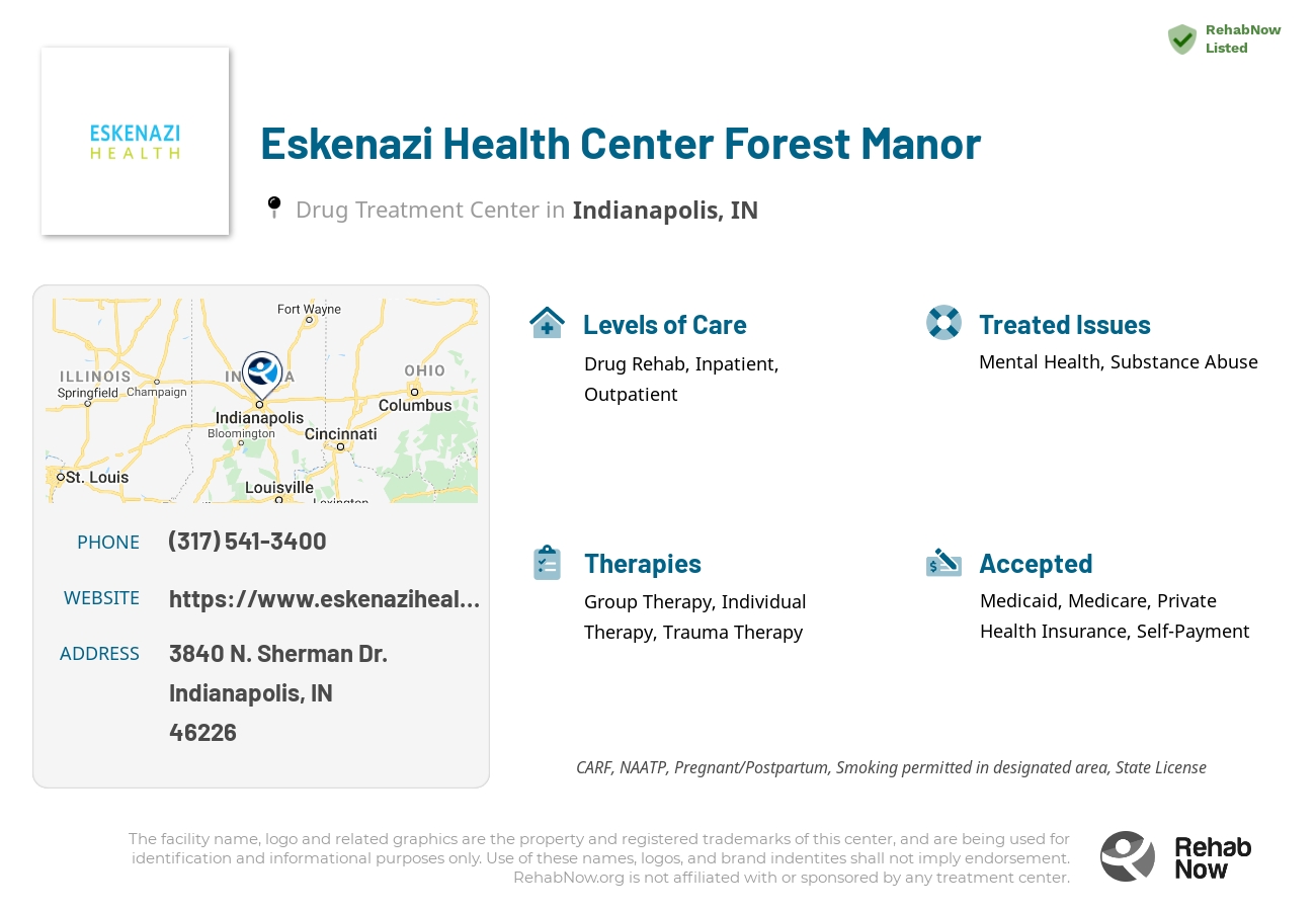 Helpful reference information for Eskenazi Health Center Forest Manor, a drug treatment center in Indiana located at: 3840 N. Sherman Dr., Indianapolis, IN, 46226, including phone numbers, official website, and more. Listed briefly is an overview of Levels of Care, Therapies Offered, Issues Treated, and accepted forms of Payment Methods.