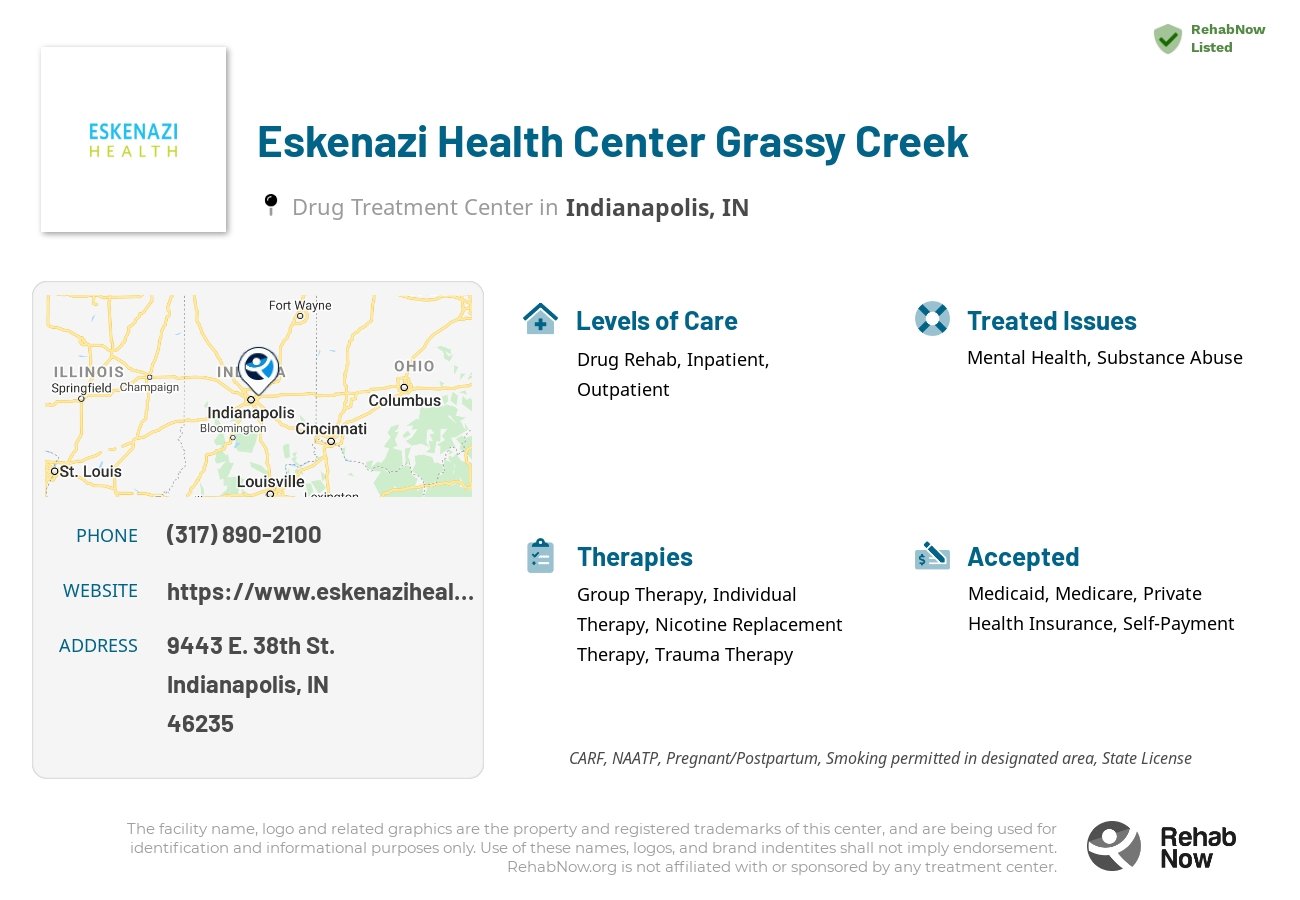 Helpful reference information for Eskenazi Health Center Grassy Creek, a drug treatment center in Indiana located at: 9443 E. 38th St., Indianapolis, IN, 46235, including phone numbers, official website, and more. Listed briefly is an overview of Levels of Care, Therapies Offered, Issues Treated, and accepted forms of Payment Methods.