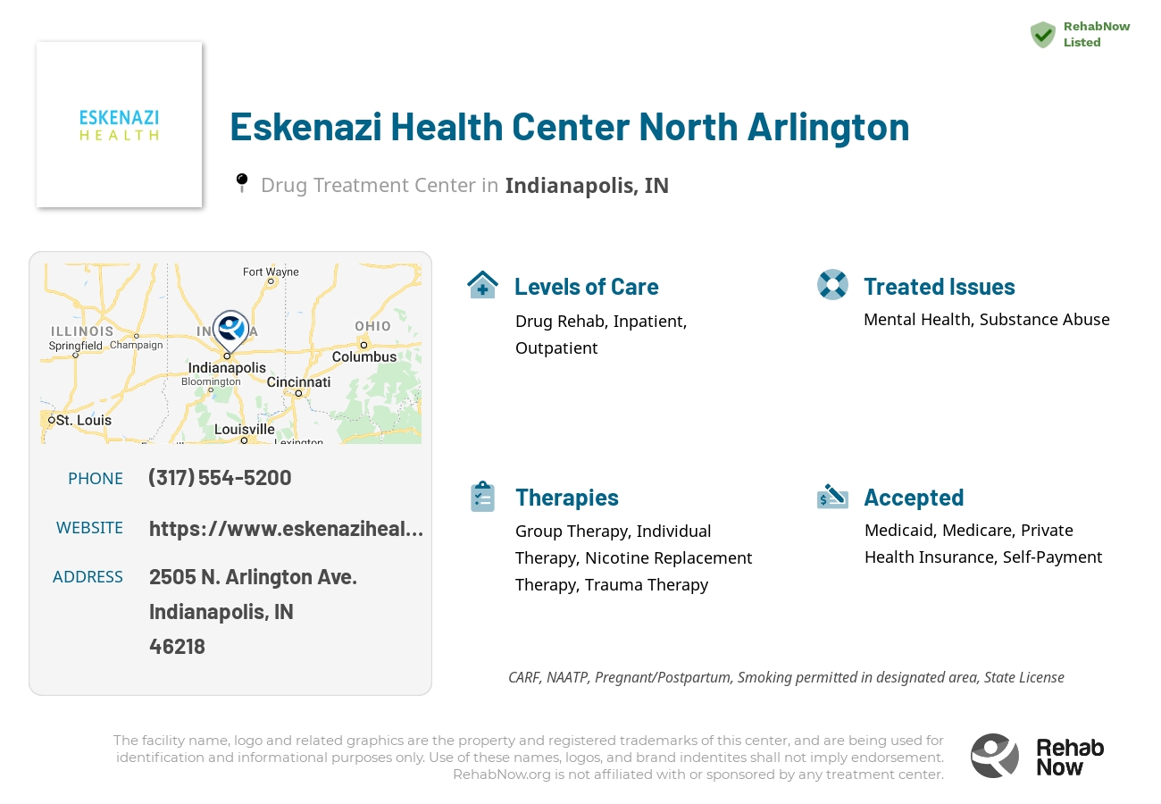 Helpful reference information for Eskenazi Health Center North Arlington, a drug treatment center in Indiana located at: 2505 N. Arlington Ave., Indianapolis, IN, 46218, including phone numbers, official website, and more. Listed briefly is an overview of Levels of Care, Therapies Offered, Issues Treated, and accepted forms of Payment Methods.