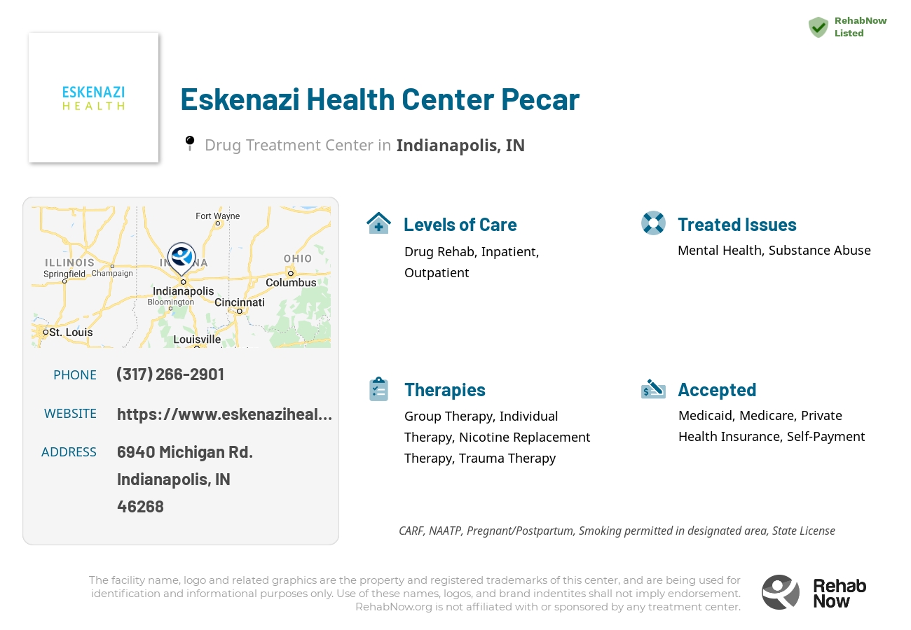 Helpful reference information for Eskenazi Health Center Pecar, a drug treatment center in Indiana located at: 6940 Michigan Rd., Indianapolis, IN, 46268, including phone numbers, official website, and more. Listed briefly is an overview of Levels of Care, Therapies Offered, Issues Treated, and accepted forms of Payment Methods.