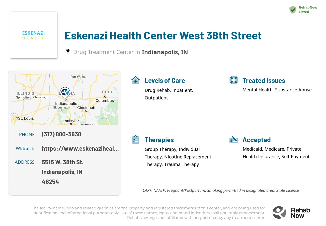 Helpful reference information for Eskenazi Health Center West 38th Street, a drug treatment center in Indiana located at: 5515 W. 38th St., Indianapolis, IN, 46254, including phone numbers, official website, and more. Listed briefly is an overview of Levels of Care, Therapies Offered, Issues Treated, and accepted forms of Payment Methods.