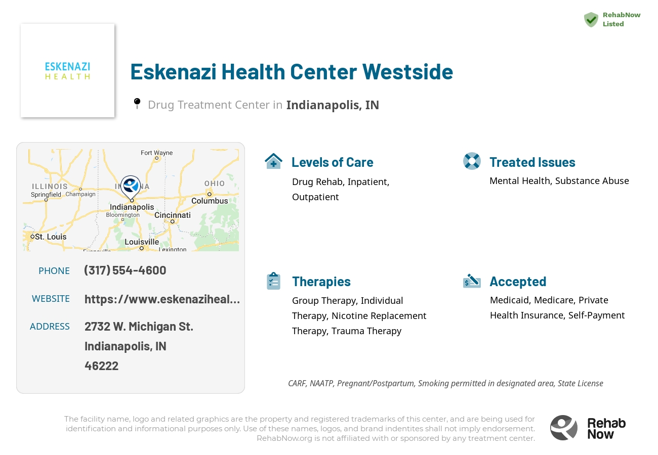 Helpful reference information for Eskenazi Health Center Westside, a drug treatment center in Indiana located at: 2732 W. Michigan St., Indianapolis, IN, 46222, including phone numbers, official website, and more. Listed briefly is an overview of Levels of Care, Therapies Offered, Issues Treated, and accepted forms of Payment Methods.