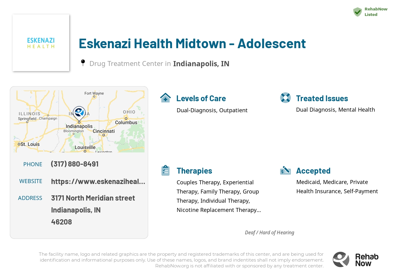 Helpful reference information for Eskenazi Health Midtown - Adolescent, a drug treatment center in Indiana located at: 3171 North Meridian street, Indianapolis, IN, 46208, including phone numbers, official website, and more. Listed briefly is an overview of Levels of Care, Therapies Offered, Issues Treated, and accepted forms of Payment Methods.