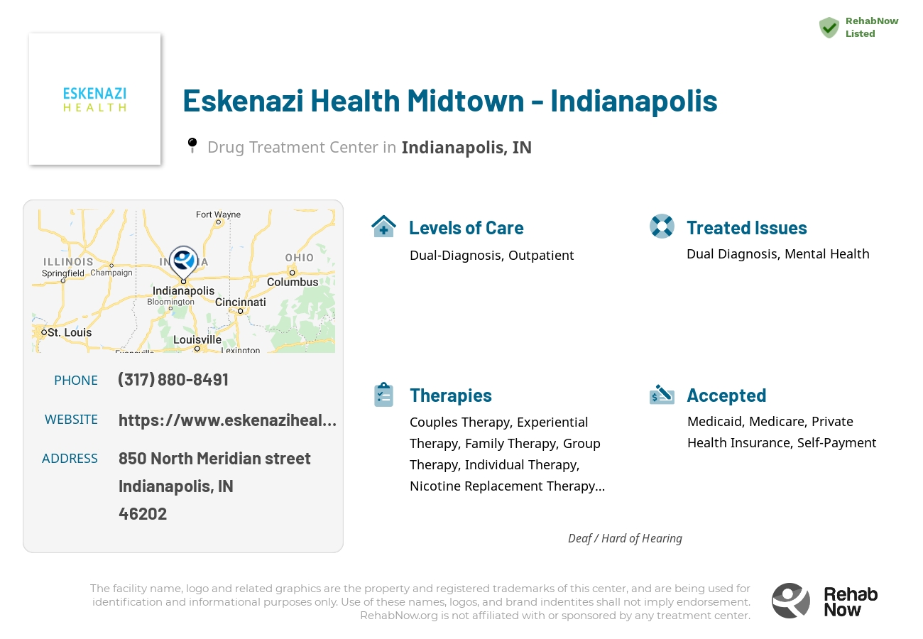Helpful reference information for Eskenazi Health Midtown - Indianapolis, a drug treatment center in Indiana located at: 850 North Meridian street, Indianapolis, IN, 46202, including phone numbers, official website, and more. Listed briefly is an overview of Levels of Care, Therapies Offered, Issues Treated, and accepted forms of Payment Methods.