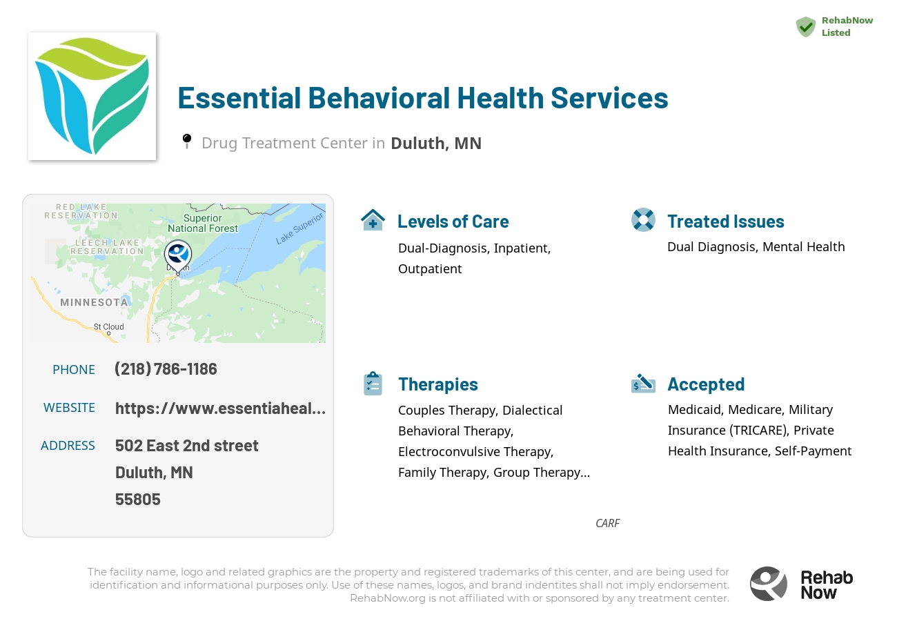 Helpful reference information for Essential Behavioral Health Services, a drug treatment center in Minnesota located at: 502 502 East 2nd street, Duluth, MN 55805, including phone numbers, official website, and more. Listed briefly is an overview of Levels of Care, Therapies Offered, Issues Treated, and accepted forms of Payment Methods.