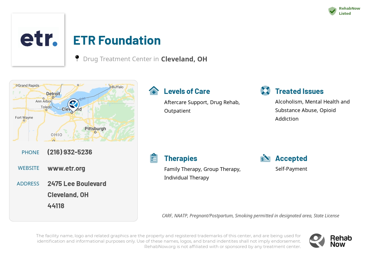 Helpful reference information for ETR Foundation, a drug treatment center in Ohio located at: 2475 Lee Boulevard, Cleveland, OH, 44118, including phone numbers, official website, and more. Listed briefly is an overview of Levels of Care, Therapies Offered, Issues Treated, and accepted forms of Payment Methods.