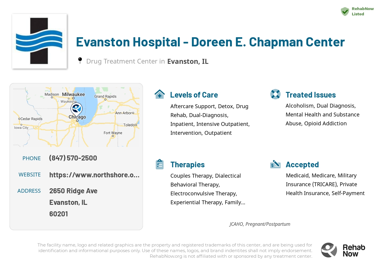 Helpful reference information for Evanston Hospital - Doreen E. Chapman Center, a drug treatment center in Illinois located at: 2650 Ridge Ave, Evanston, IL 60201, including phone numbers, official website, and more. Listed briefly is an overview of Levels of Care, Therapies Offered, Issues Treated, and accepted forms of Payment Methods.